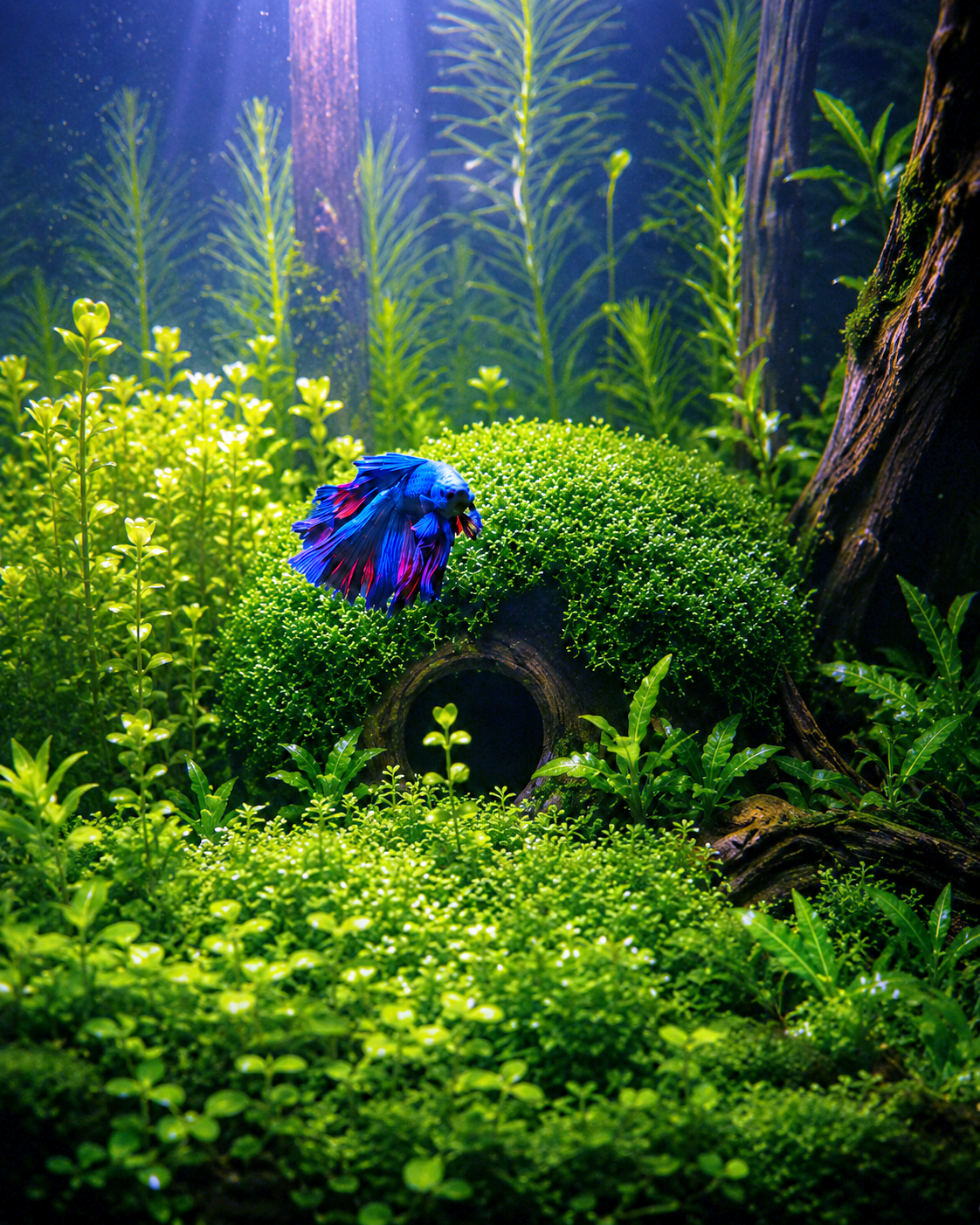 Betta fish in a lush planted aquarium